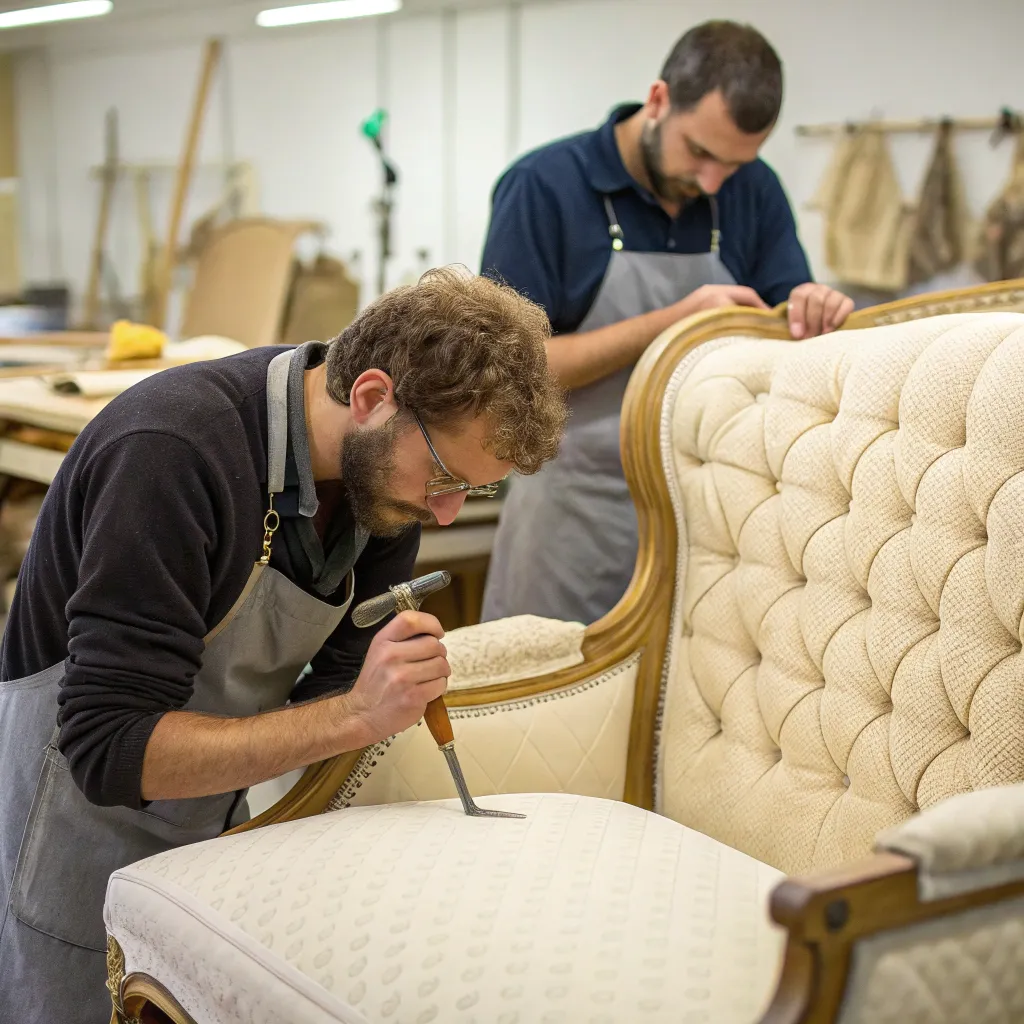 Skilled artisans working on upholstered furniture